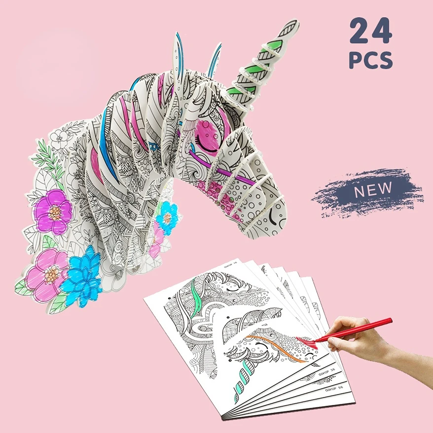 

DIY Coloring 3D Puzzle Unicorn and Elk Arts Paper Model Educational Toys Interactive Painting Game for Children Up 5 Years Old