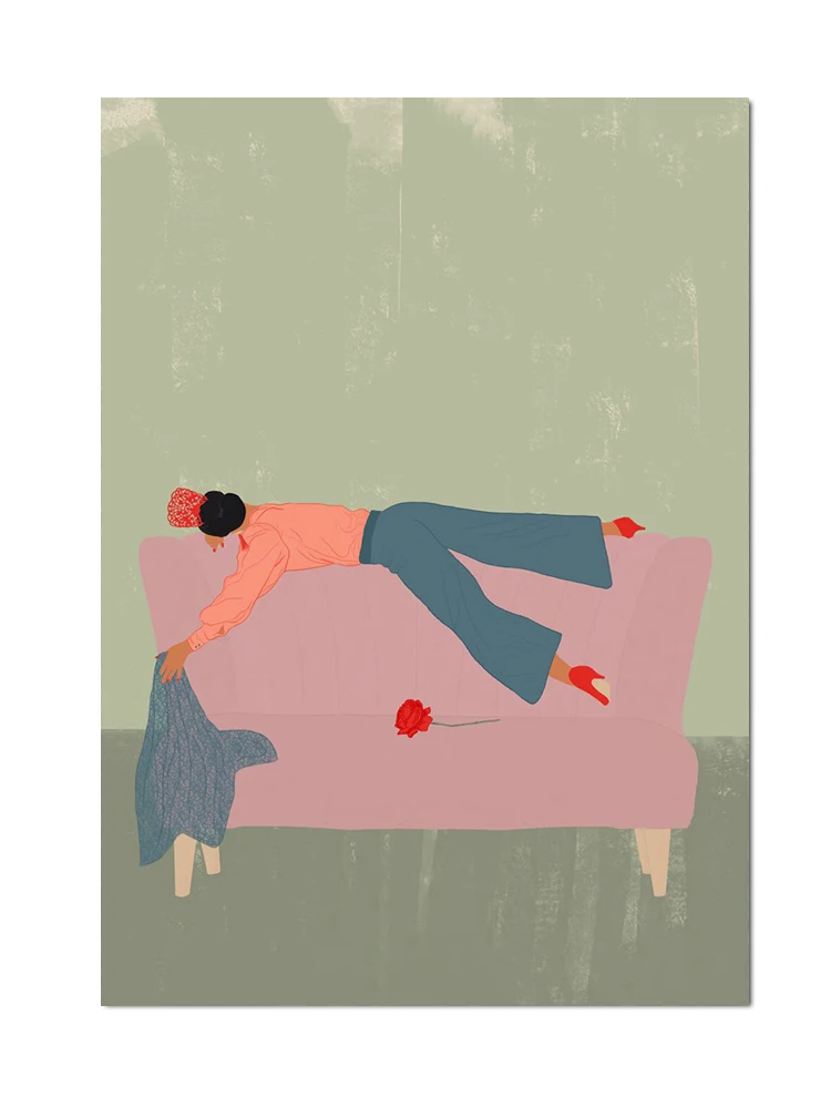 

Абстрактный постер "Женщина настроение диван джунгли пижамы"