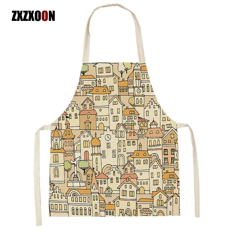 

Women Men Cartoon House Architecture Kitchen Aprons Sleeveless Linen Cooking Aprons Baking Accessories Home Cleaning Tools