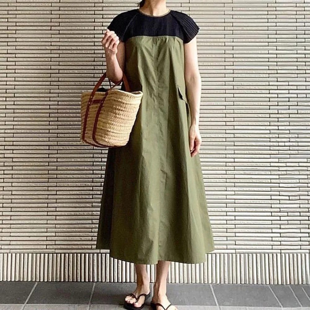 

Women Long Dress Summer Casual Plain Korean Japanese Fashion Patchwork Femme Vestiods Daily A Line Dresses High Waist Maxi Dress