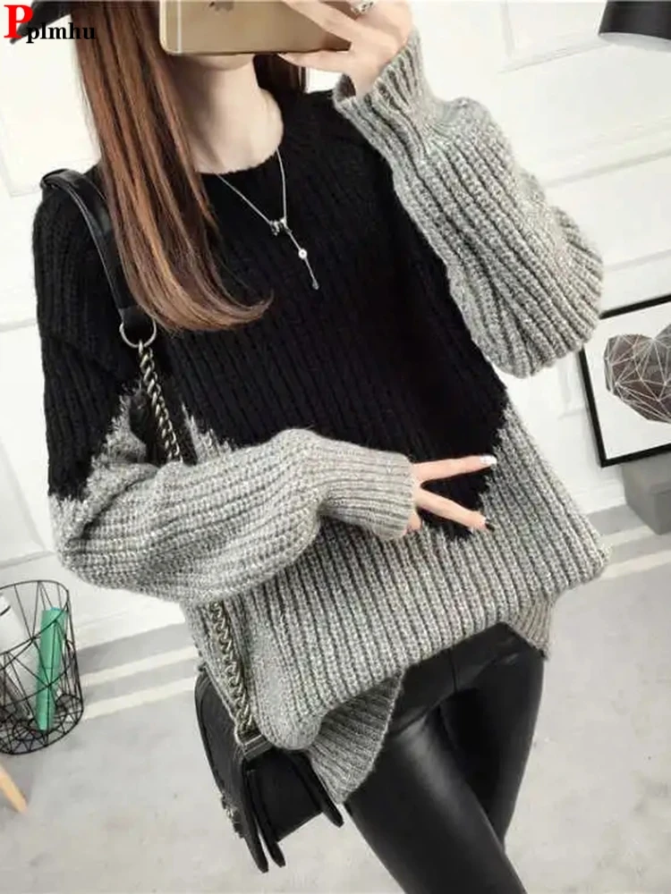 

Y2k Loose Patchwork Pullovers Casual Soft Sweater New Spring Fall Knitwears Tops Woman Long Sleeve Fashion Malhas Blouses