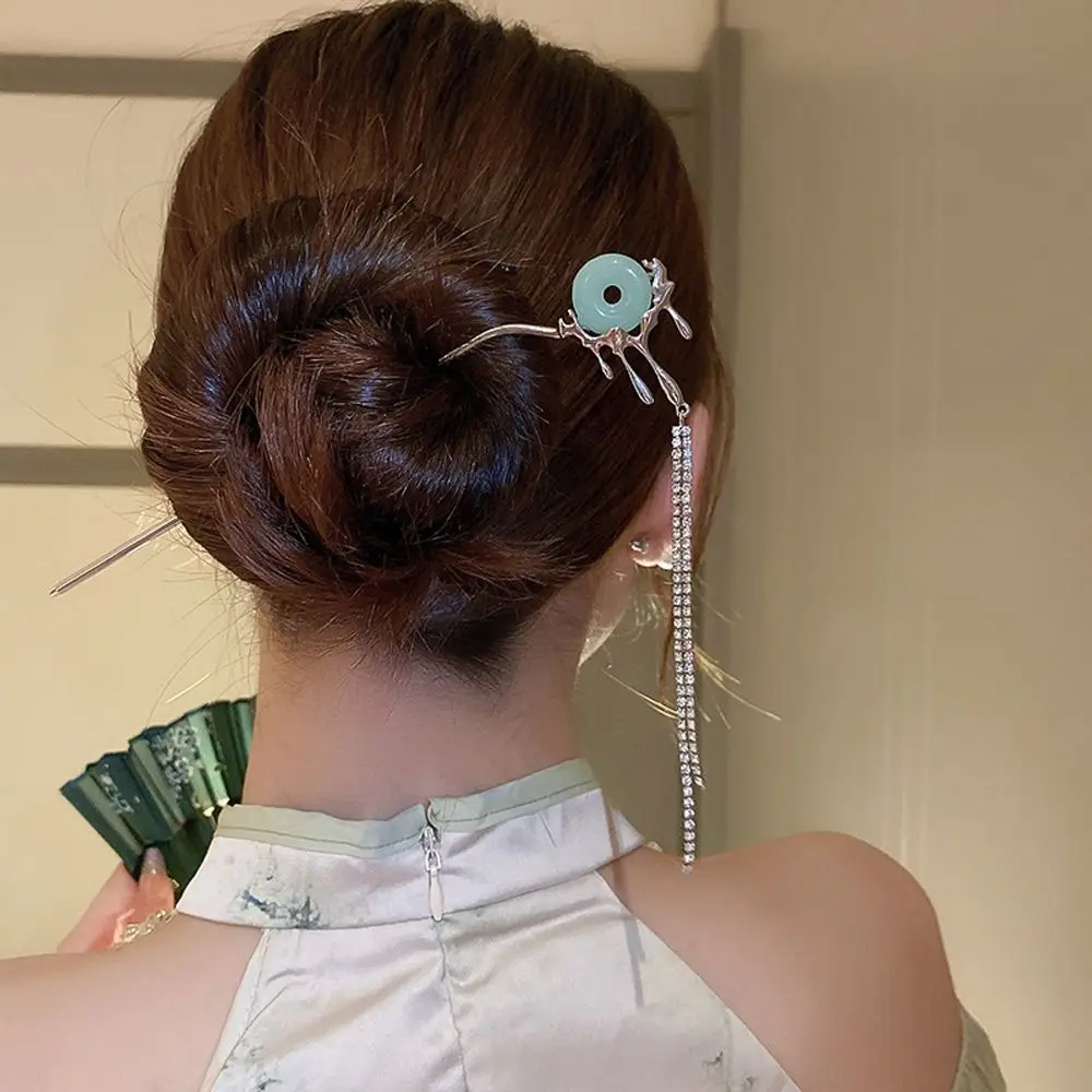 

Винтажные китайские заколки Hanfu Ping, шпильки для волос из искусственного нефрита с искусственным кристаллом, палочки для волос для девочек, заколки для волос с цирконом