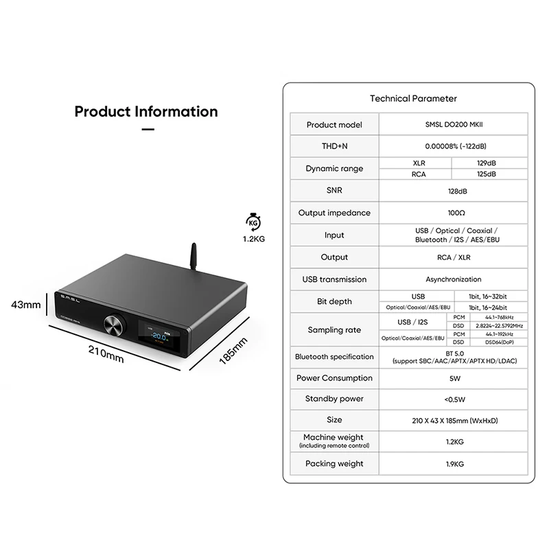 da SMSL DO200 MKII ES9068AS*2 Dekoder MQA BT5.0 32Bit/768kHz DSD512 OPA1612*5 z pilotem DO200MKII