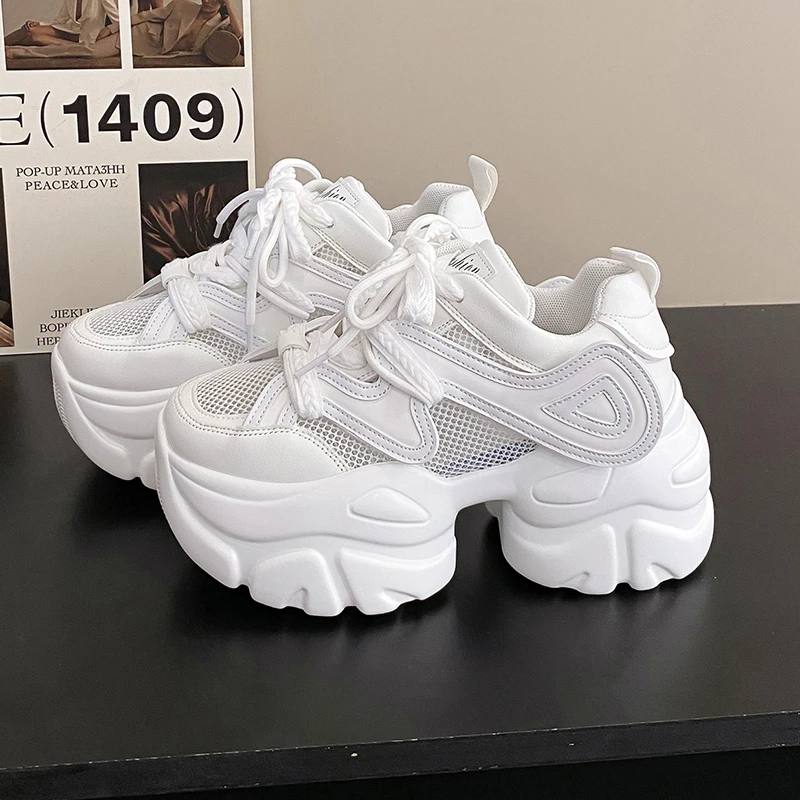 

2023 Autumn Women Chunky Sneakers Breathable Mesh Casual Shoes 8CM Wedge Heels Platform Shoes Chaussures Femme Sports Dad Shoes