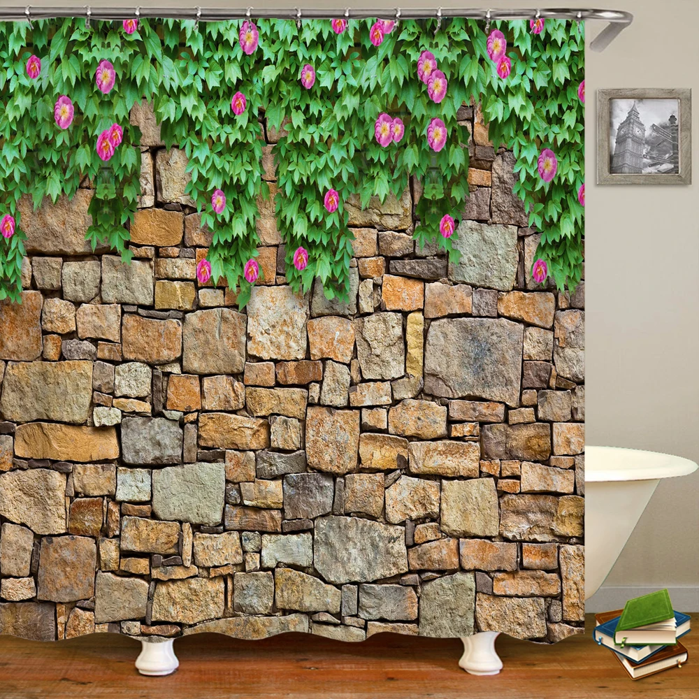 

3D Flowers Plant Brick Wall Scenery Shower Curtain Waterproof Bathroom Curtains Polyester Home Decor Curtain With Hook Curtain