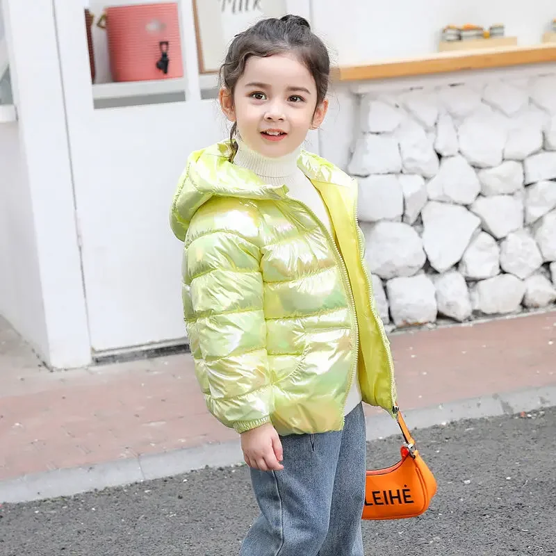 

Яркий Детский пуховик для девочек на осень и зиму, короткая яркая детская верхняя одежда с капюшоном из искусственной кожи для мальчиков, рождественский подарок, детские пальто