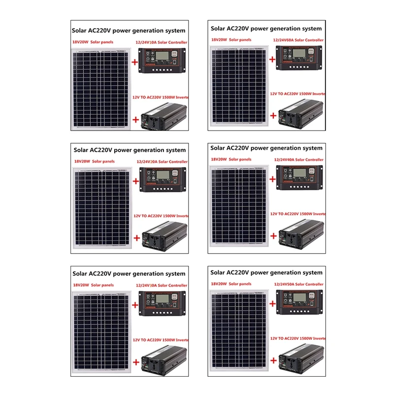 

18V20W Solar Panel +12V / 24V Controller + 1500W Inverter Ac220v Kit, Suitable For Outdoor And -Home Ac220v Solar Energy-Saving