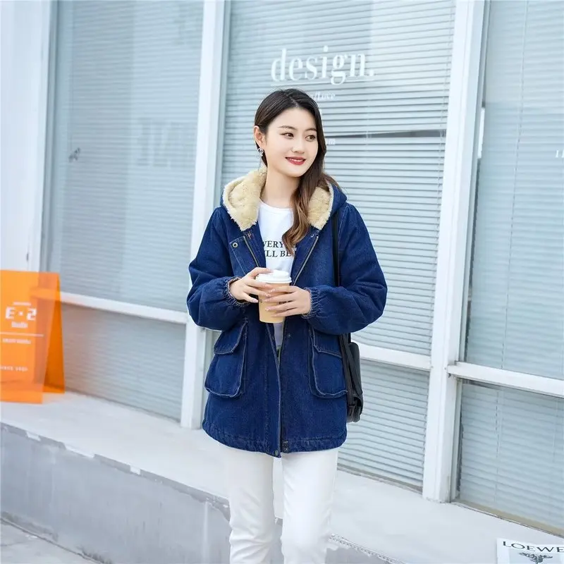 2023 Autumn Winter Women Warm Fleece Thickened Coat Jacket Denim Hooded Coat Denim Cotton Jacket Female Chic Outwear Top Clothe