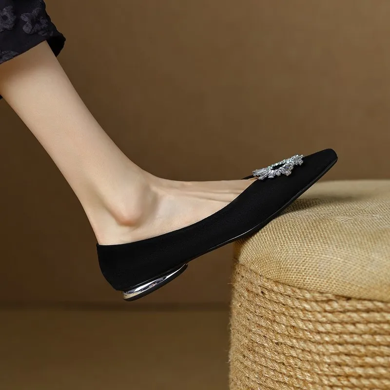 Spring Women's Pointed Toe Low Heels Dress Shoes Flats Slip on Heart Crystal Boat Shoes