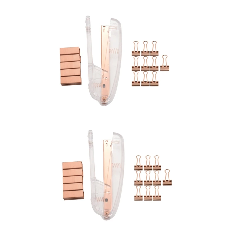 

2X степлер из розового золота, акриловый Настольный степлер с 2000 шт. скоб из розового золота и 20 шт. зажимов для потайника