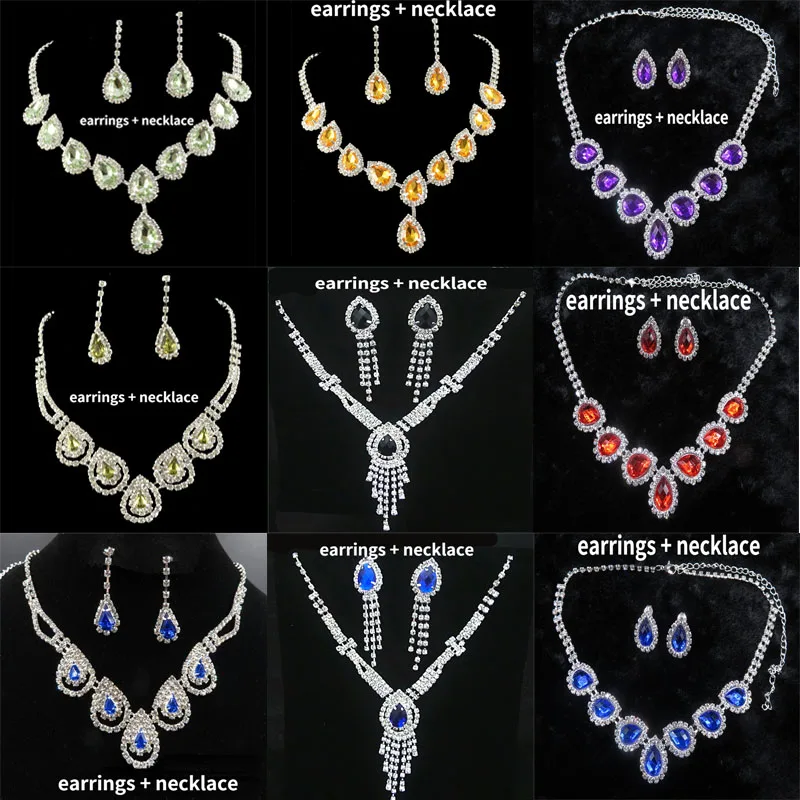 

European and American Fashion Blue Water Drop Rhinestone Ladies Necklace with Silver Inlaid Colorful Zircon Pendant Accessories