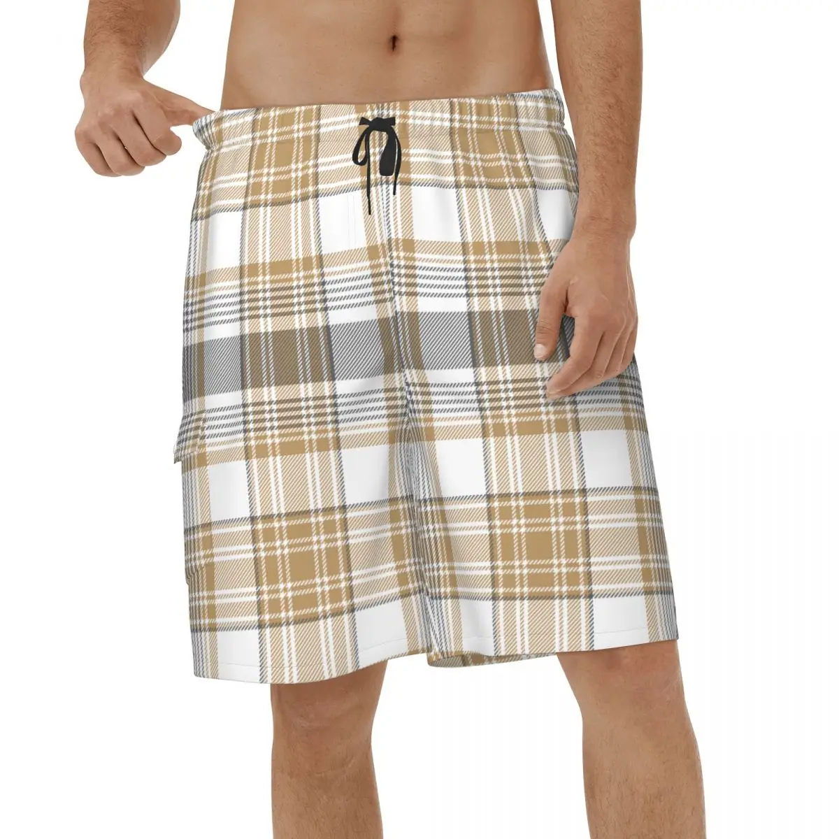 

Gold Platinum Checkered Plaid Beach Shorts Men Summer Fashion Swimwear Quick Dry Sports Surf Short Pants