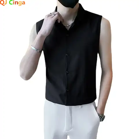 Рубашка мужская без рукавов, модная Блуза приталенная, однобортная, с лацканами, топ, черный цвет, весна 2022