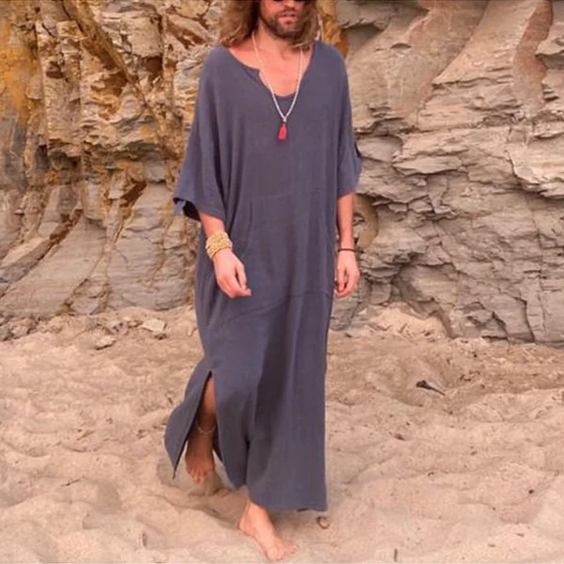 Muslim Southeast Asia New Men's Loose Solid Color V-neck Robe Men's Ethnic Style Middle East Robe Arabic Jubba Thobe