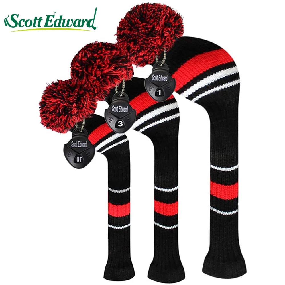 Scott Edward Black-red Golf Headcovers Golf Wood Cover for Woods Set of 3 Fits Well Driver(460cc) Fairway Wood and Hybrid(UT)