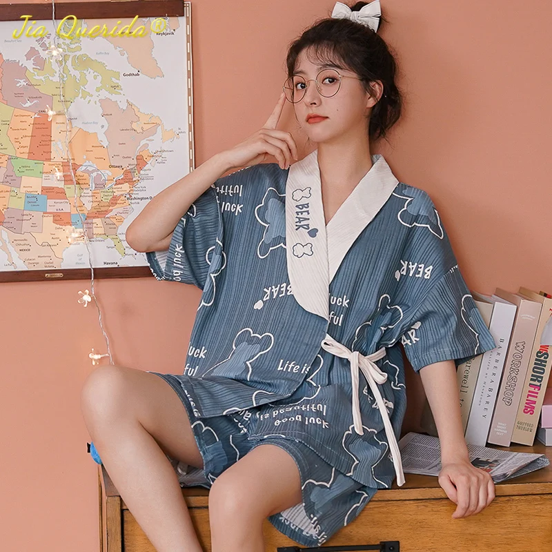 Новые летние мягкие хлопковые женские пижамы Kawaii с принтом медведя v-образный