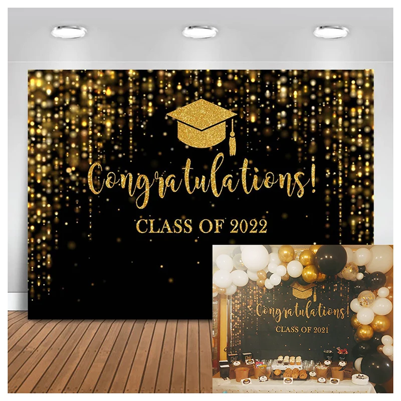 

Class of 2022 Backdrop Black Gold Glitter Bokeh Graduation Background 2022 Congrats Grad Prom Party Banner Photo Booth Props