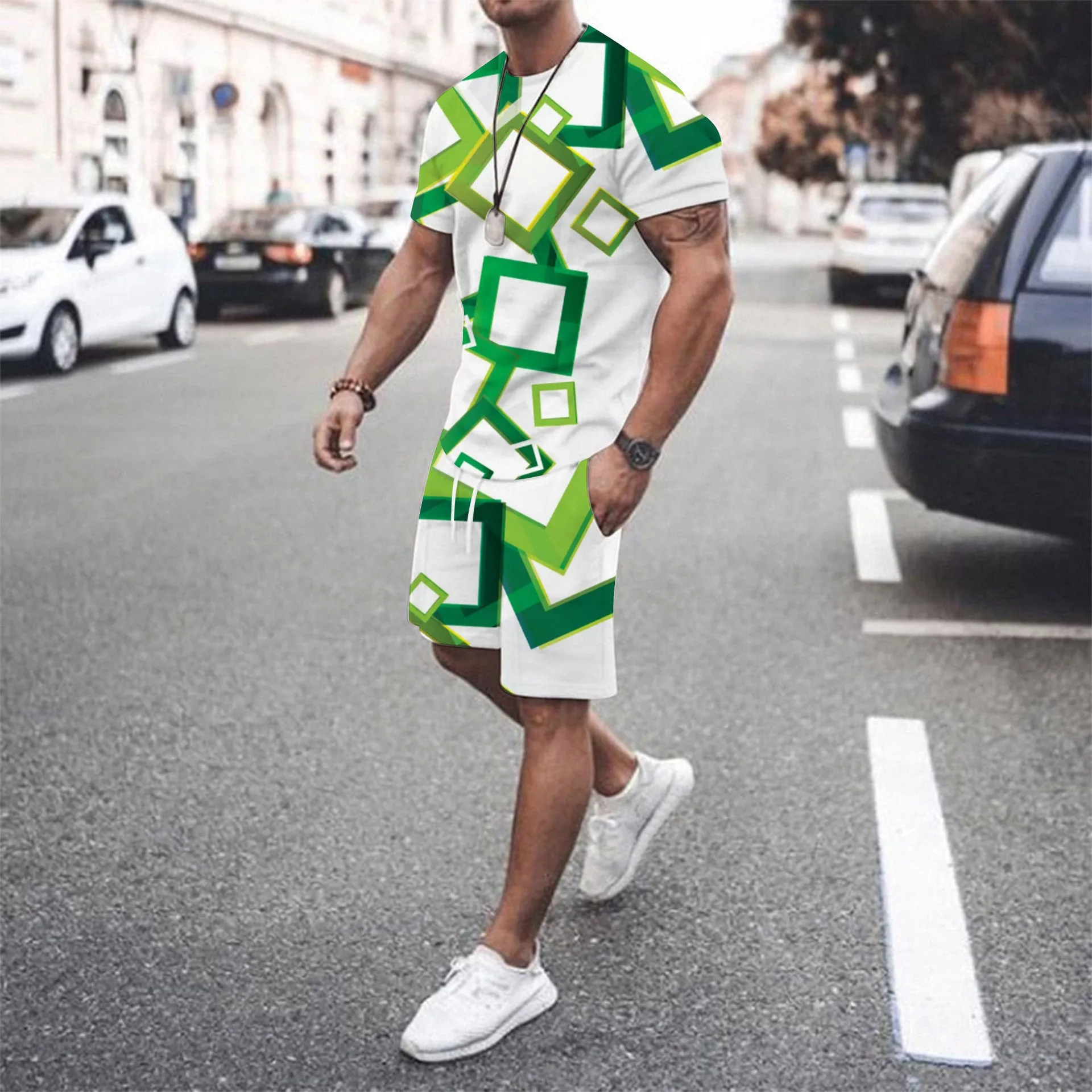 Summer Men T-shirts Shorts 2 Piece Sets Geometric Pattern Beach Tracksuit Short Sleeve Casual Streetwear Fashion Man Clothing