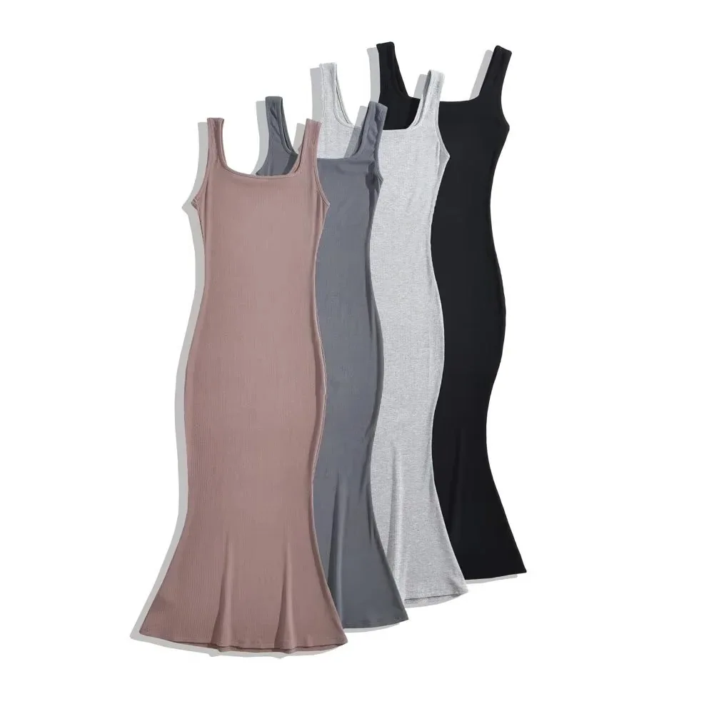 

2023 Pure Desire Square Neck Sleeveless Strap Dress Women's Summer Slim Fit Slim Fishtail Dress Long Style Temperament Wrapped