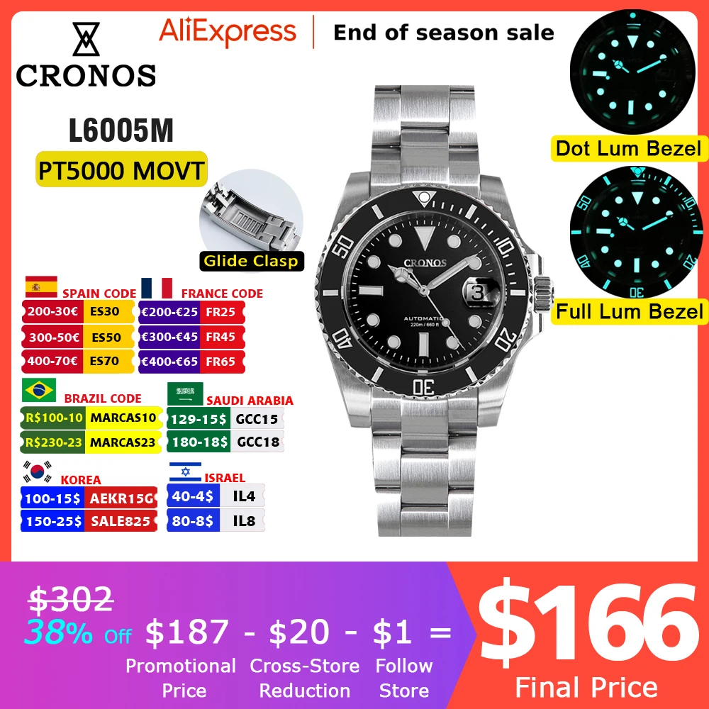 Cronos Sub Diver Мужские часы из нержавеющей стали PT5000 браслет Керамическая рамка 200 метров водостойкие Glideclasp L6005 V3