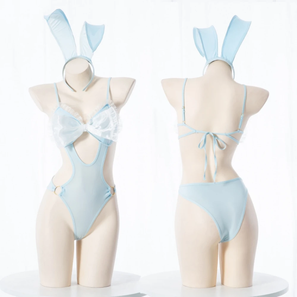 Женское Кружевное боди с бантом голубое вырезами