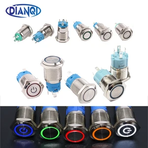 Металлическая кнопка переключения питания 1NO1NC, плоская Водонепроницаемая круглая LED ламсветильник, самоблокировка, кнопка самосброса, 12 мм 16 мм