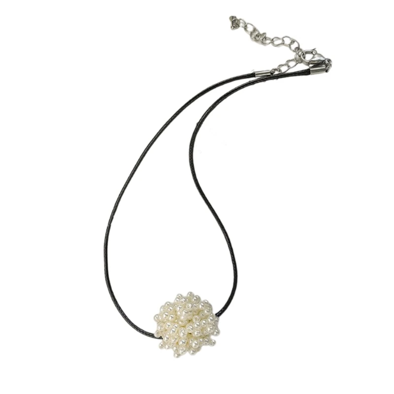 

E0BF Fashion Imitation Pearls Flower Necklace Adjustable Leather Rope Choker Fashion Charm Neck Jewelry for Women Girls