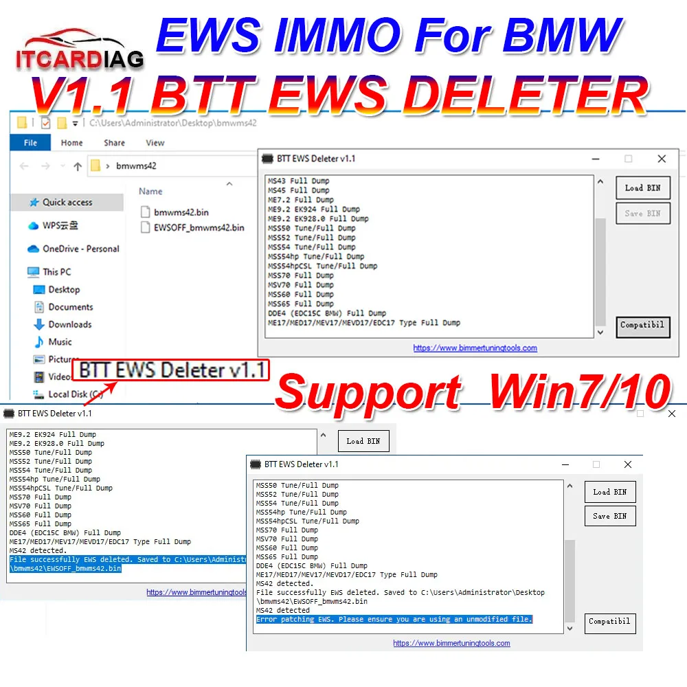 BTT EWS удаление V1.1 для BMW IMMO OFF BTT EWS удаление поддержка MS41 MS42 MS43 MS45 ME7.2 ME9.2 MSS54 ME17/MED17/MEV17/MEVD17/EDC17