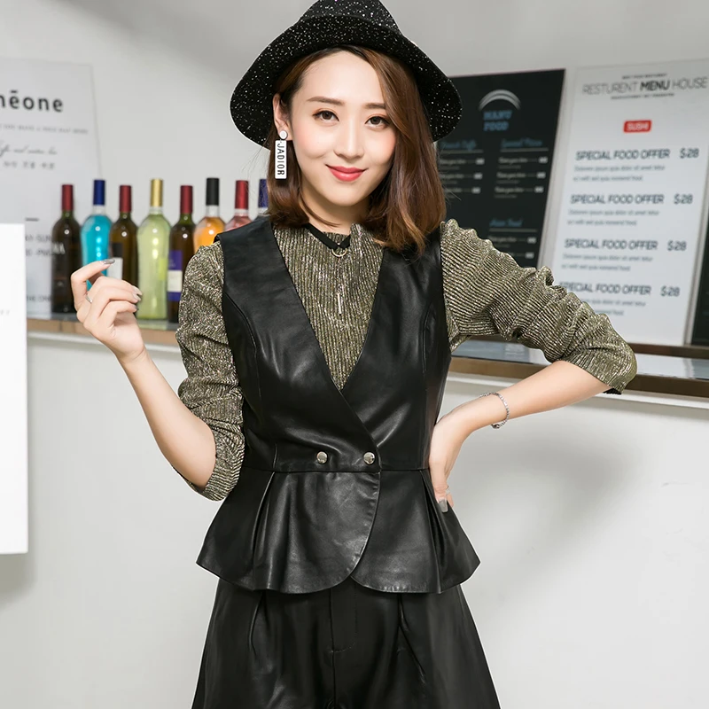 Leather Vest Waistcoat Women's Spring Autumn Short Sheepskin Tops Genuine Slim Sleeveless Vest Women's Small Outer Wear