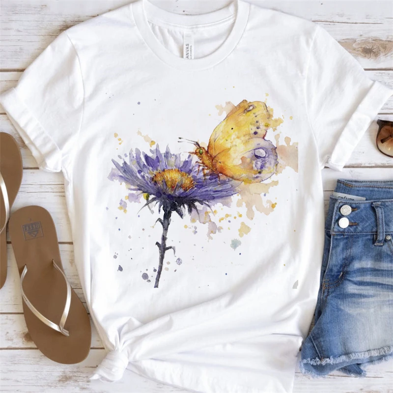 

Women's Top Women's Flowers Butterfly Short-Sleeved Round Neck Women's White Casual Top Print Tshirt Fashion Graphic T-shirt
