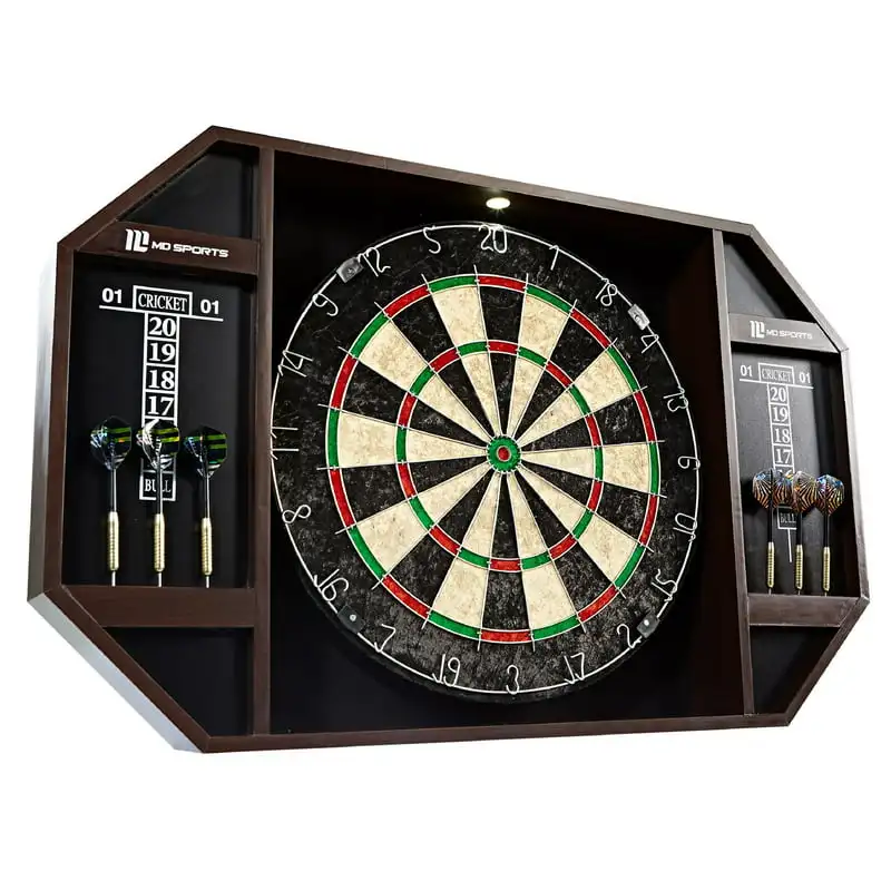 

Dartboard Cabinet Set, LED Light, Steel Tip Darts, Brown/Black