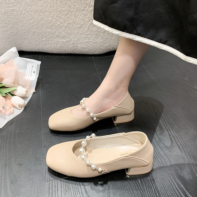 

BCEBYL New Square Toe Pearl Shallow Mouth Breathable Sandals Summer Fashion Elegant Soft Bottom Comfortable Casual Low Heels