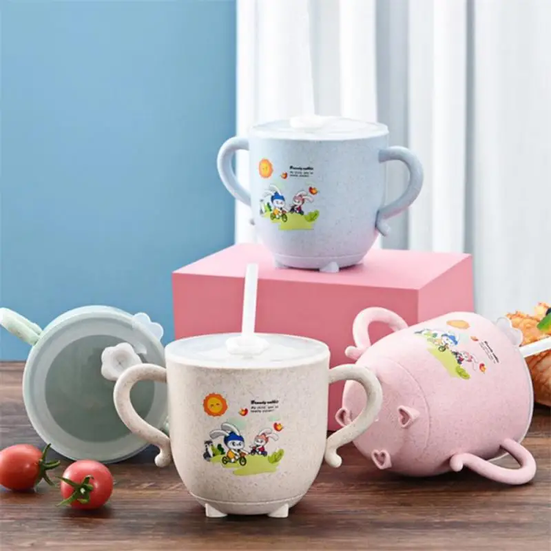 

New Feeding Bottle Kids Cup Silicone Sippy Children Leakproof Drinking Cups Cartoon Infant Straw Handle Wheat-Straw Drinkware