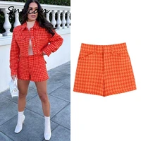 orange woolen tweed houndstooth women shorts fashion spring high waist capris pantalon office ladies plaid bottom 2022 new