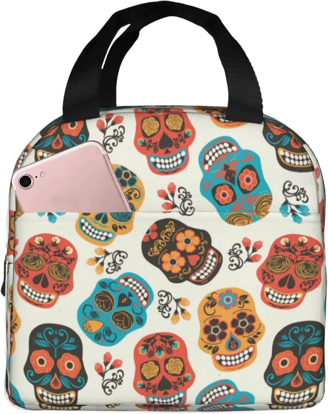 

Lunch Bag Insulated Sugar Skulls Day of The Dead Lunch Box Reusable Waterproof Lunch Tote Bag for School Work Travel Picnic