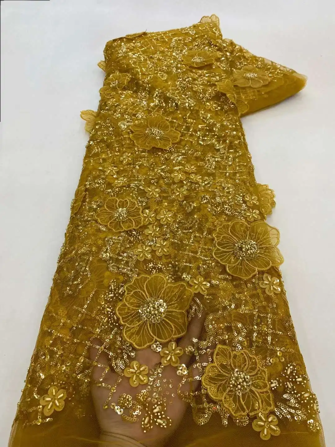 5 ярдов роскошная кружевная ткань ручной работы с бусинами тяжелая 3D вышивка