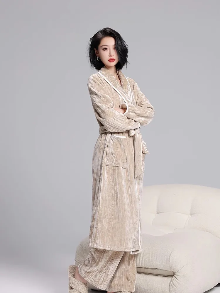 Bivelvet Pajamas Women Autumn and Winter Gold Diamond Velvet Fleece-lined Thick Warm X-long High-Grade Nightgown Bathrobe Set