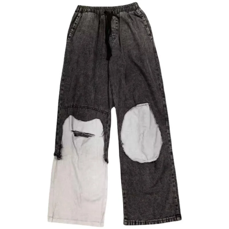 DEEPTOWN Patchwork Hole Jeans Men Black Streetwear Denim Pants Loose Hip Hop Straight Trousers Male Punk Harajuku Korean Spring