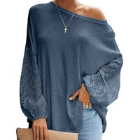 2022 winter fashion knitt stitching hollow lace lantern long sleeves solid color loose slant collar off shoulder women t shirt