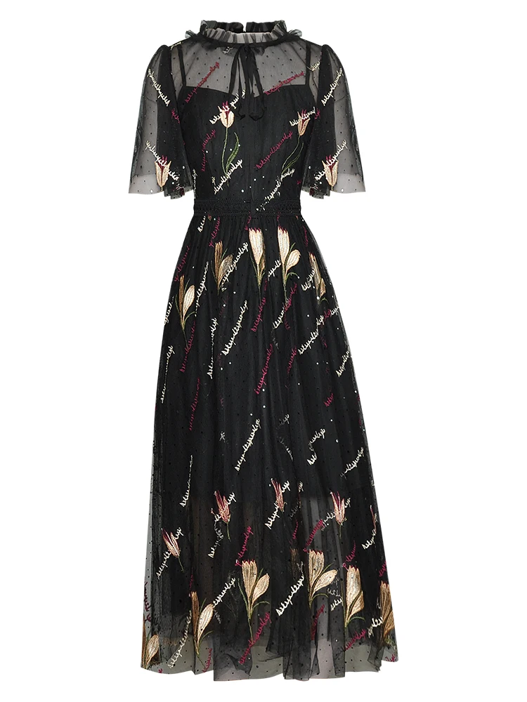 

Designers New 2022 Summer High Quality Women's Vintage Casual Celebrity Party Fashion Sexy Gorgeous Embroidery Black Mesh Dress