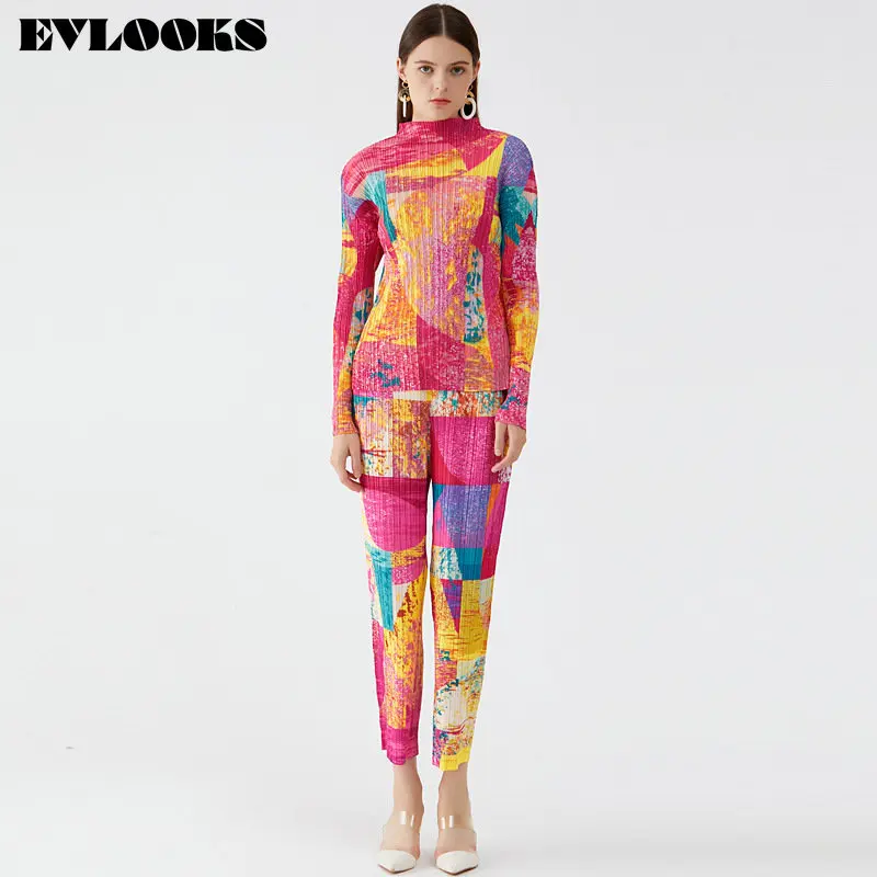 

EVLOOKS Miyak Printed Pleated Wide Leg Pants Big Size T-shirt Two Piece Suit Stand Collar Long Sleeve Spring Summer 2023
