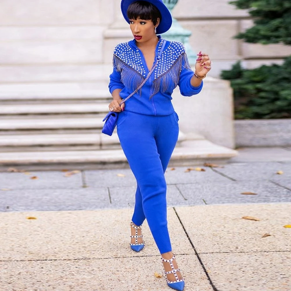 

Two Piece Set Autumn Winter Africa Clothes African New Dashiki Fashion Tassel Suit Top Trousers Pants For Women Outfits