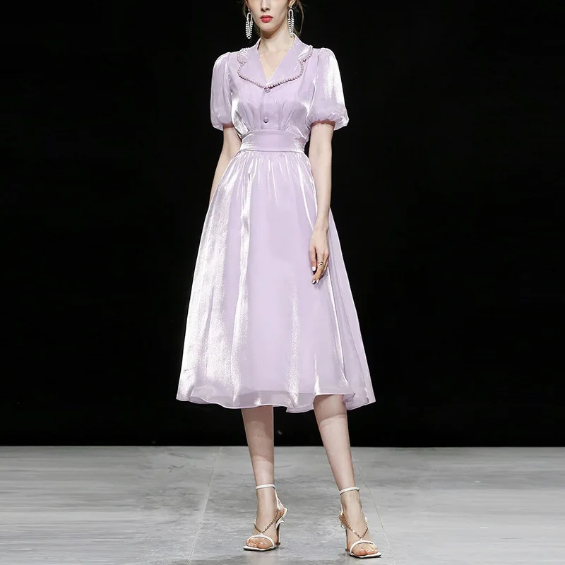 

Summer Vintage Clothes 2022 Elegant Beading Short Sleeve Pleated Midi Dresses for Women Ropa Mujer