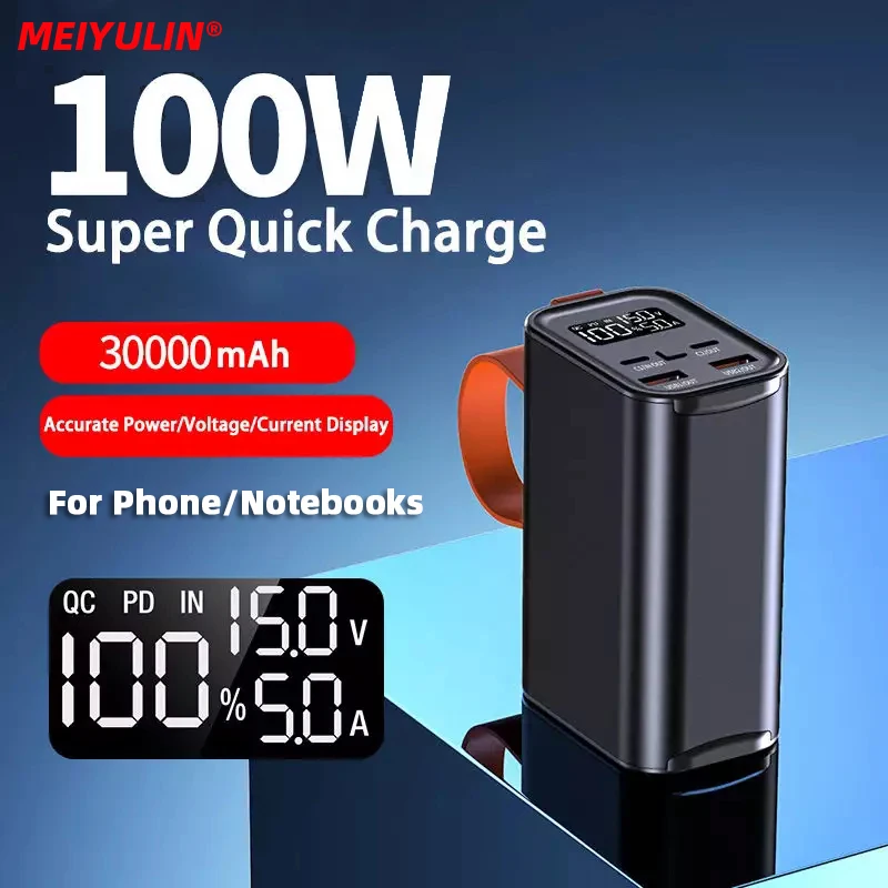 30000mAh Portable Power Bank Station 100W Type-C Fast Charging External Battery LED Light For iPhone 14 Xiaomi Samsung Notebook