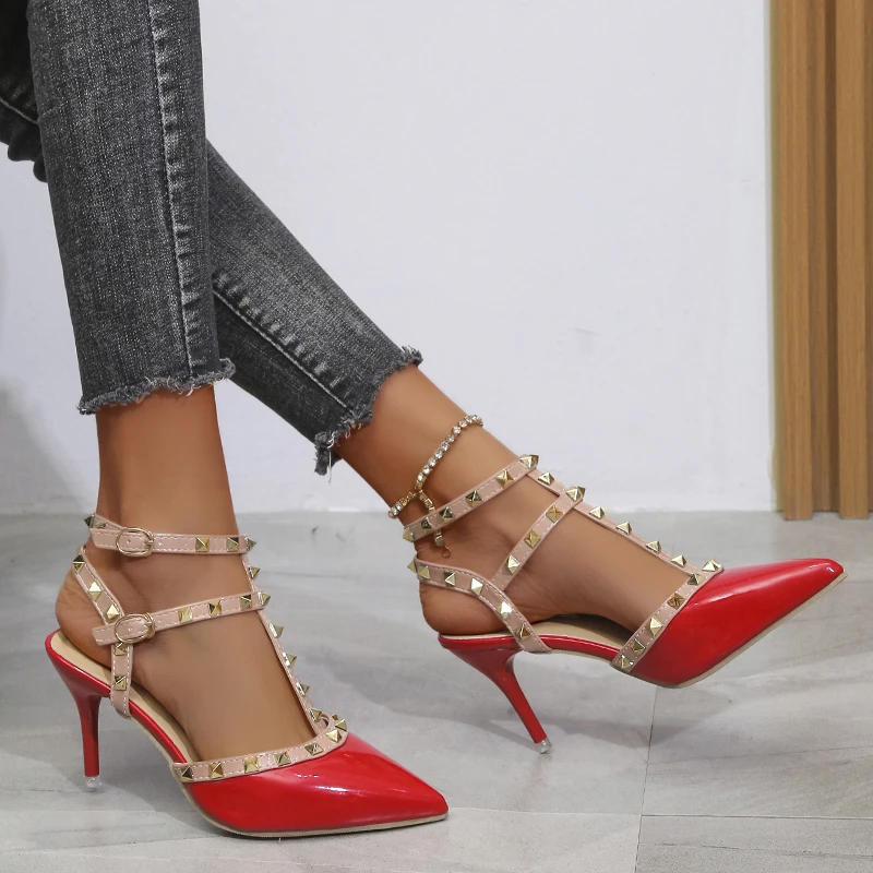 

2022 Ankle Party Women Shoes for Women's Pumps Rivet Heel Sandals Women's 2022 Spring Pointed Thin Heel Single Shoes High Heels