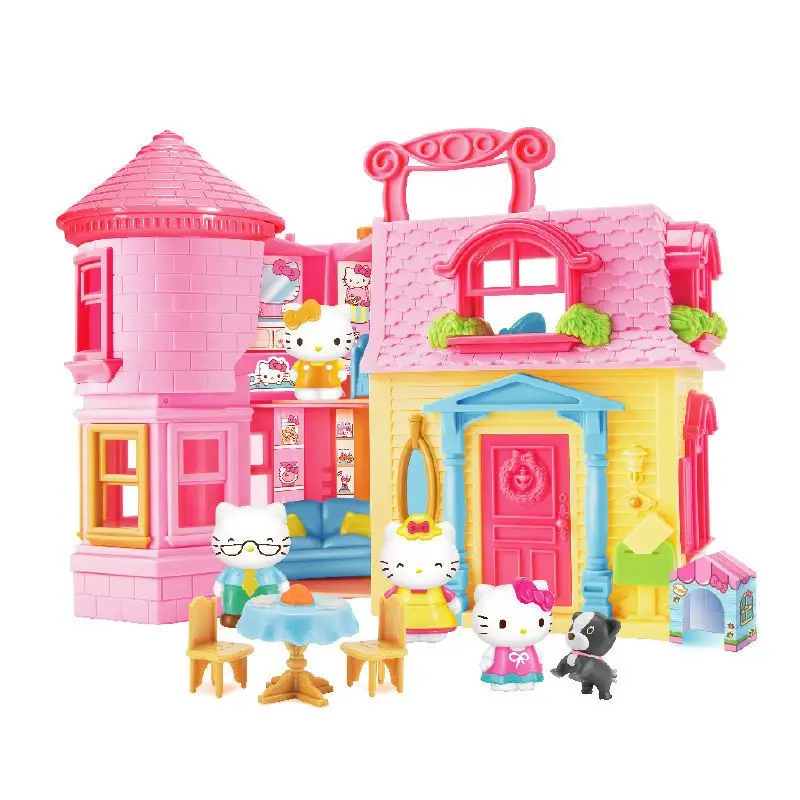 

Мультяшный домик Hello Kitty в маленьком городке, теплый дом, Замок принцессы, детский игровой домик, игрушки, кукольный домик, мебель