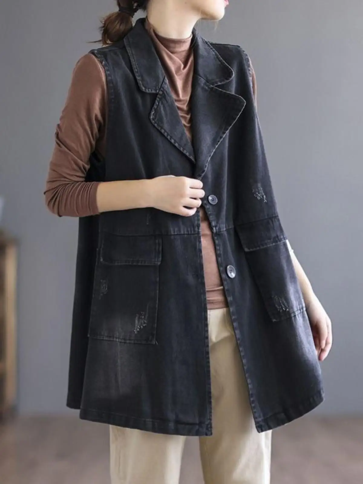 Internet Celebri Retro Mid-Length Denim Vest Outerwear Women New Loose Suit Collar Plus size Autumn Waistcoat