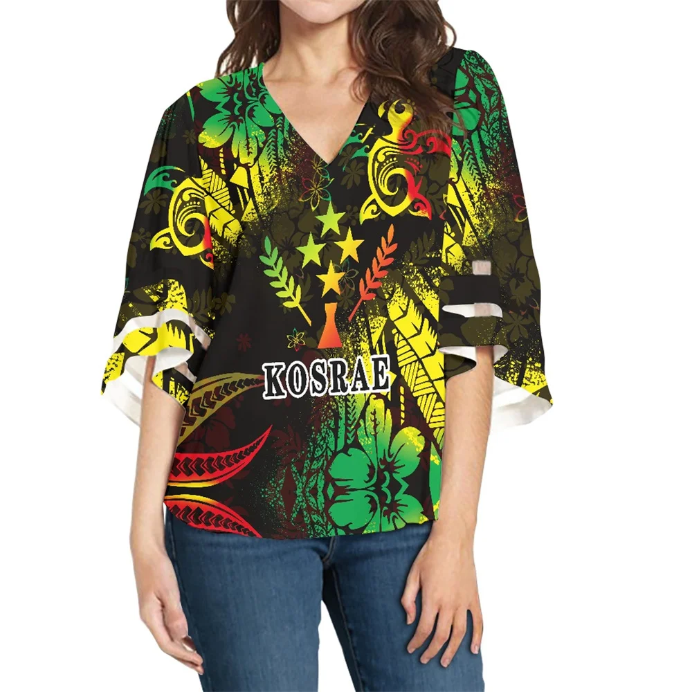 

Summer Women Shirt 2023 Polynesian Tribal Clothing Kosrae Islanders Floral Blouse Half Sleeve Chiffon V-neck Loose Casual Tops