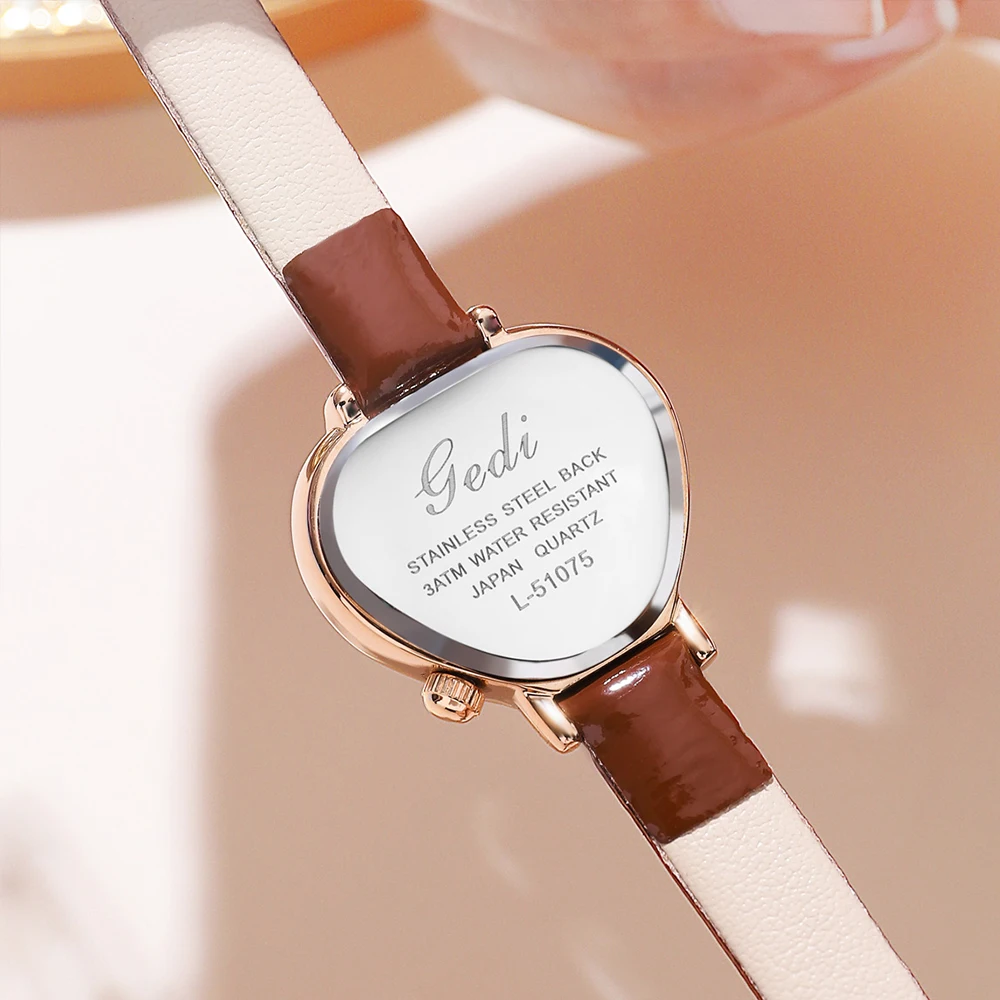 GEDI New Love Shaped Ultra-thin Women Watches Luxury Brand Waterproof Leather Strap Ladies Fashion Quartz Wristwatch Woman Clock