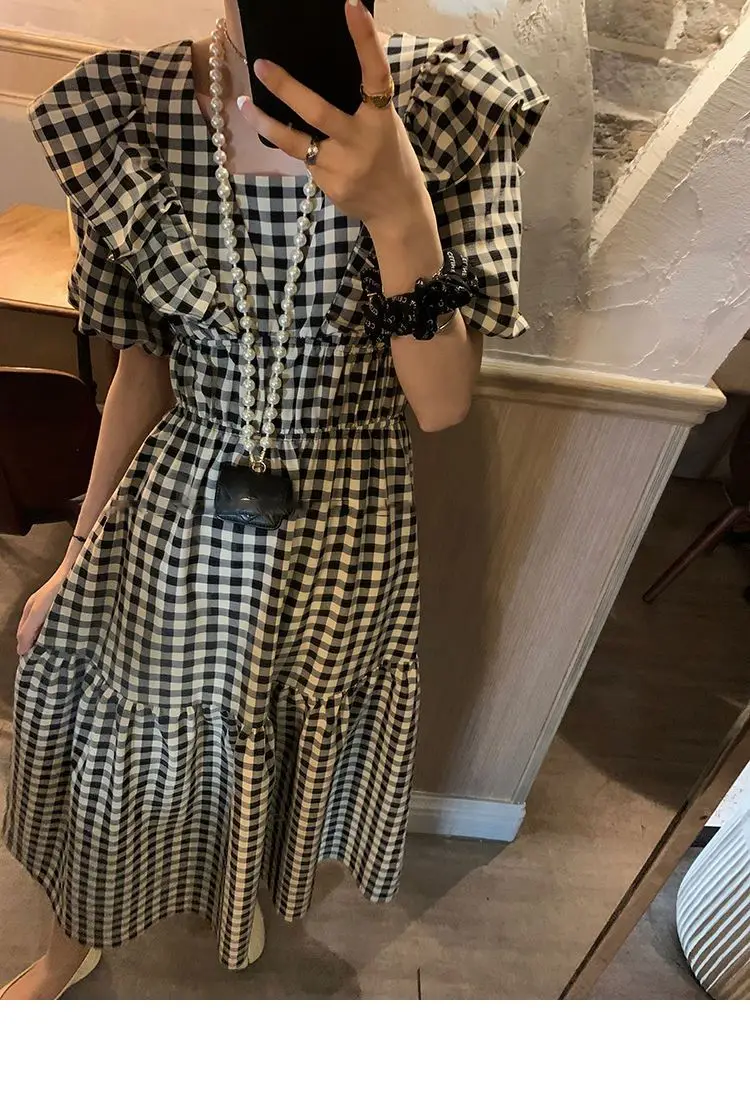 

Elegant Chic Plaid Waist Backless Midi Dress Summer Female Vintage Ruffle Casual Short Sleeve Long Dresses Clothes for Women